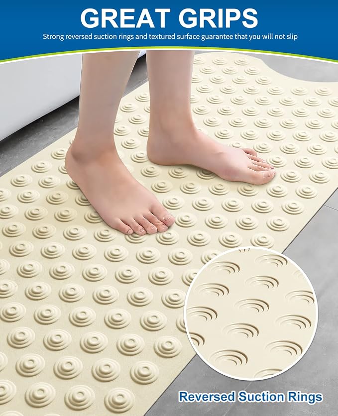 Bligli Bathtub Mat Non-Slip Without Suction Cups, 39x16inch Extra Long Bath Mats for Shower Bathroom, Machine Washable Natural Rubber Shower Tub Mat (39x16inch, Beige)