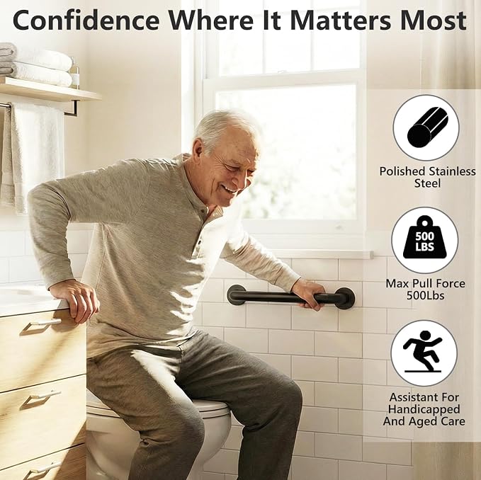 One Pack 12 Inch Matte Black Shower Grab Bar Stainless Steel Safety Hand Rail Support for Showers Bathroom Balance Bar Safety Hand Rail Handicap Bath Handle Senior Assist Bar Home Care Bath Handrail