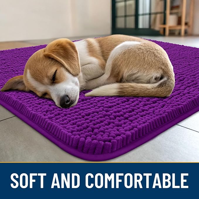 Smiry Dog Door Mat for Muddy Paws 40x32, Absorbent Dirt Trapper, Non-Slip Washable Chenille Entryway Rug for Inside Floor, Purple, Classic Solid
