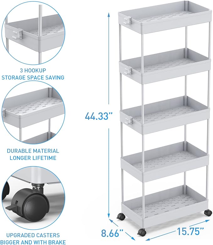 SPACEKEEPER 5-Tier Rolling Cart, Bathroom Storage Organizer Utility Cart, Mobile Shelving Unit Slide Out Shelves for Kitchen Living Room Laundry Room & Dressers,Gray