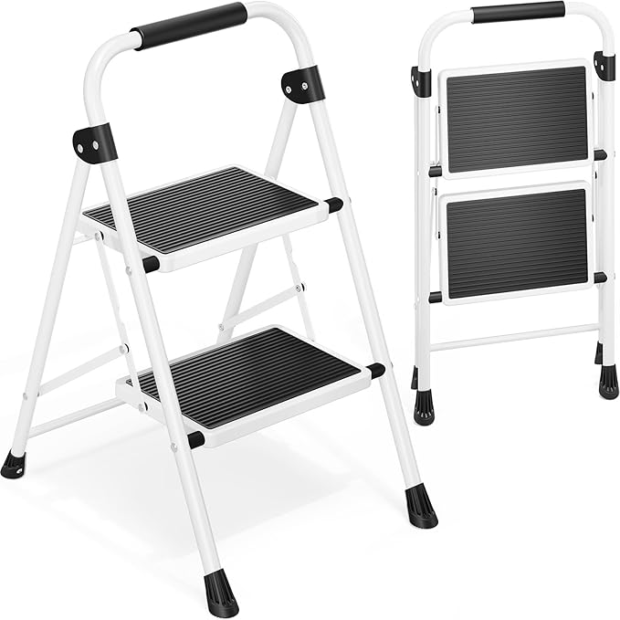 Urackify Step Ladder, 2 Step Ladder with Anti-Slip and Wide Pedal, Portable Foldable Step Stool with Handgrip, Sturdy Step Ladder for Home Kitchen Household, White