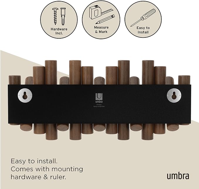 Umbra Picket Wall-Mounted Coat Rack Rail Hook with 5 Retractable Wood Pegs – Modern, Space-Saving Storage Organizer, Walnut