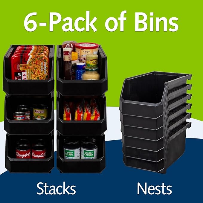 ReadySpace Large Plastic Storage Bins, Stackable Organizer Containers for Closet Pantry Shelf Garage and Office Organization, Black, 6 Pack