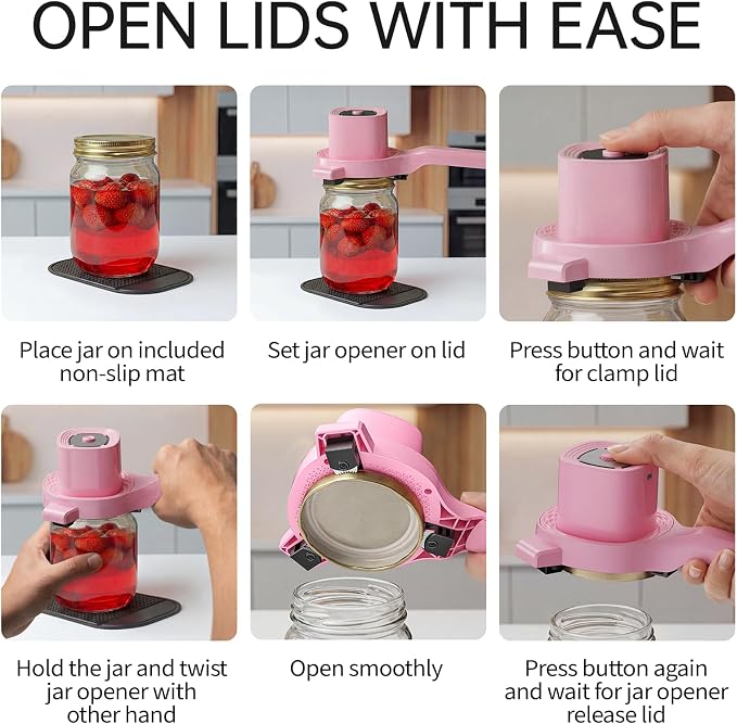 Electric Jar Opener for Seniors with Arthritis, TFCC & Weak Hands, Patented Power-Grip Auto-Tighten Manual Lid Opener, Rechargeable 2-in-1 Jar & Bottle Opener with Storage Hook & Non-Slip Pad(Pink)