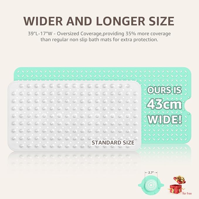 OTHWAY Bath Mat for Tub Non Slip: 39" X 17" Long Bathtub Mat with Hair Catcher│Big Drain Holes Shower Mats for Inside Shower│Machine Washable (Light Green)