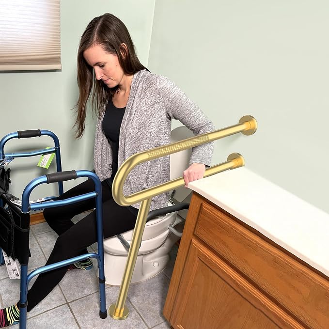 Toilet Support Rail 32 Inch, Munzong Anti-Slip Gold Handicap Grab Bar for Bathroom, Stainless Steel Knurled Safety handrails with Leg for Elderly Disabled Pregnant-1.25’Tube