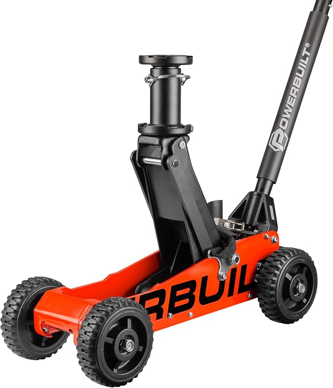 Powerbuilt 1.5 Ton Big Wheel Off Road Jack, Vehicle Lift for Trucks, SUVs, ATVs Offroad Vehicles, Oversized Wheels for Rugged Terrain, 3000 LB Capacity, Orange 620704ECE