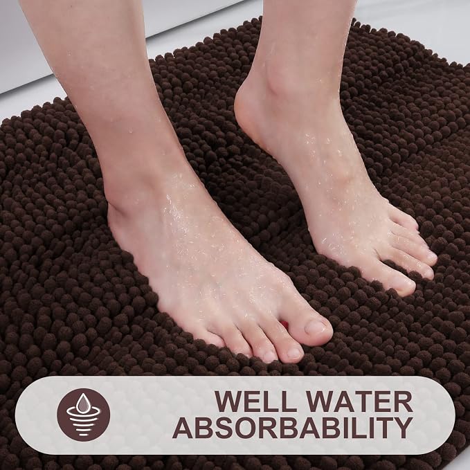 Grandaily Chenille Striped Bathroom Rugs 59x35, Extra Thick and Absorbent Bath Mats, Non-Slip Soft Plush Shaggy Shower Carpet, Machine Wash Dry, Bath Rug for Bathroom, Brown
