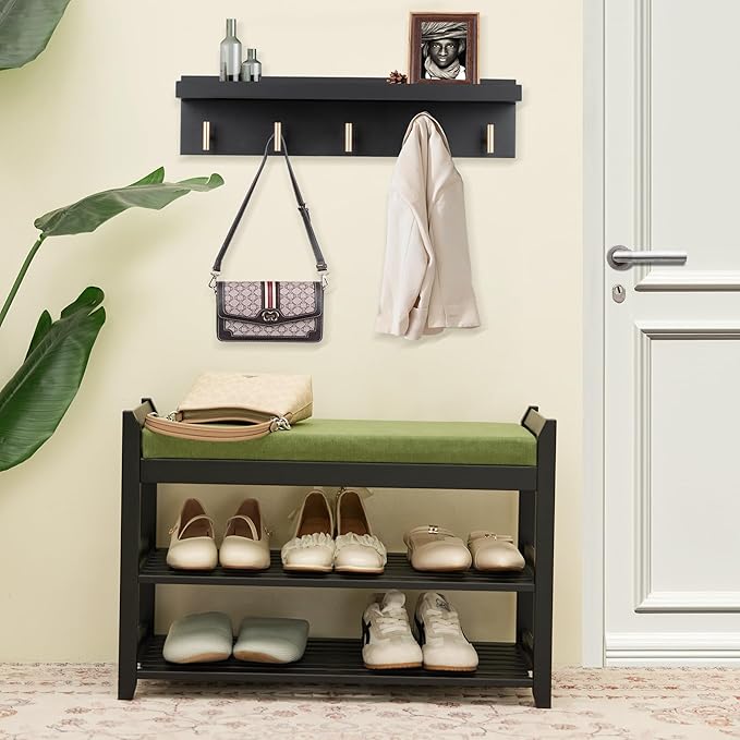 PETKABOO Shoe Rack for Front Door Entrance, 28” Entryway Bench with Coat Rack, Hall Tree Shoe Bench with Storage for Entry, Hallway, Bedroom, Living Room