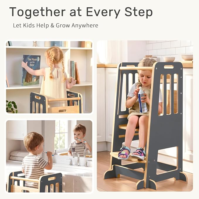 WINGYZ Toddler Tower - Anti-Tip Natural Wood Learning Stool Helper for Kids 18M-6Y, 150lb Capacity Kitchen Stool with 3-Height Adjustable Platform and Sliding Door Access, 20lb Portable Design, Black