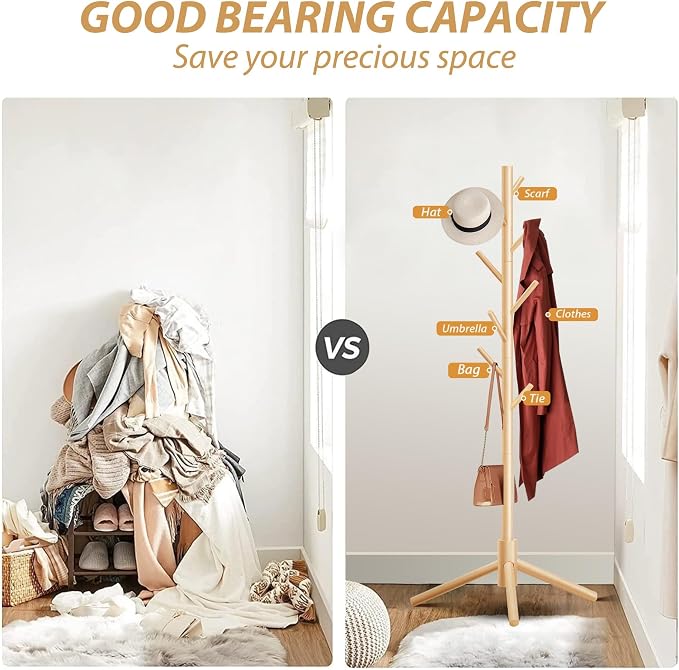 Unisakey Durable Wooden Coat Rack, Freestanding Coat Rack with Stable Triangular Base, 8 Hooks & 3 Adjustable Heights, Simple Assembly for Bedroom, Hallway, Office(New Nature)