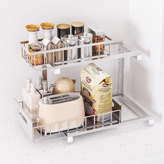 Under Sink Organizer, Heavy Duty Metal Pull Out Cabinet Organizer Slide Out Sink Shelf Organizer Height Adjustable, Multi-Purpose Storage Shelf for Kitchen Bathroom(Sliver,2Pack)