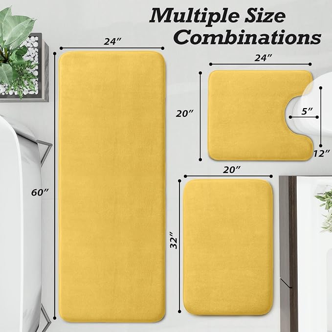 HUXMEYSON Bathroom Rugs Sets 3 Piece, Non-Slip & Quick Dry Bath Mat Set, Ultra Soft Velvet Bath Rugs for Bathroom, Toilet and Shower Floor, Yellow