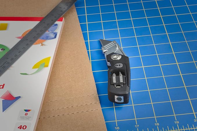 Folding Utility Knife & Box Cutter Combo with Screwdriver Bits, Wire Stripper, Quick-Change Blades, Belt Clip & Refills - Versatile Everyday Carry Tool