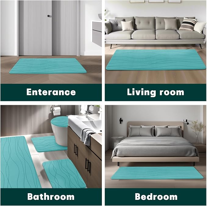 YIHOUSE Memory Foam Bathroom Rug Sets, 3 Piece, Teal | Ultra Soft, Absorbent, Non-Slip, Machine Washable