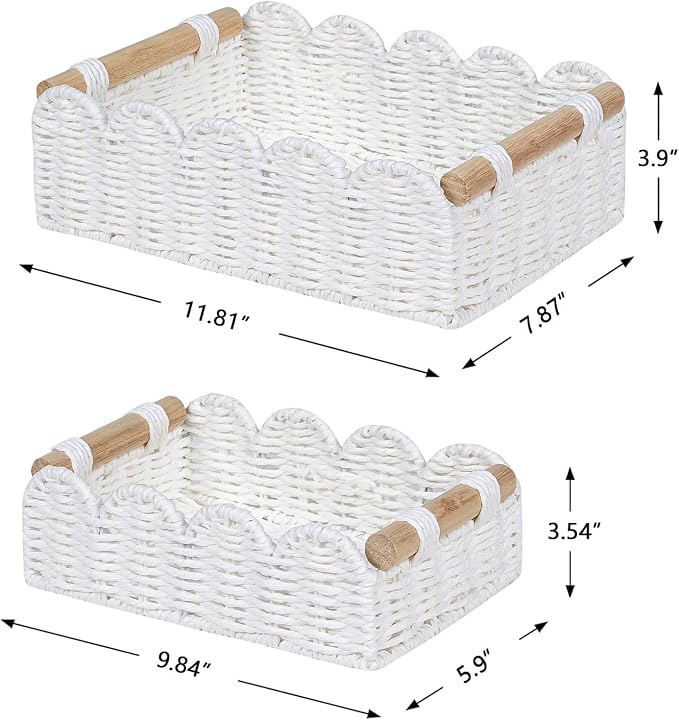 CubesLand Scalloped Edge Decor Baskets for Home, Living Room, Toilet Paper Storage Basket for Over Toilet Tank Top, Storage Shelf, Cute Small Paper Rope Baskets Both Storage&Decor, Set 2 White