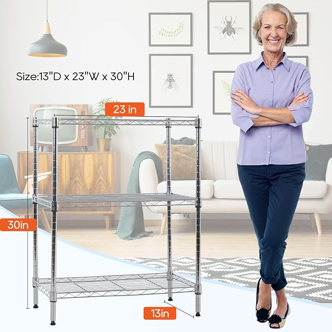 BestOffice 23Lx13.2Wx30.2H Adjustable Metal Storage Shelves 3-Tier Wire Shelving Unit Organizer Wire Rack 450Lbs Capacity for Small Places Kitchen Garage,Chrome