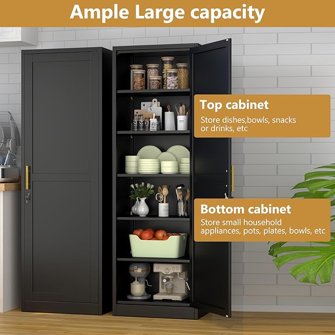 Tall Narrow Slim Metal Storage Cabinet with Lock and 5 Adjustable Shelves,Steel File Cabinets,Kitchen Pantry Cabinet Locker Organizer - 67" Storage Cabinets for Bathroom,Bedroom,Office,Black