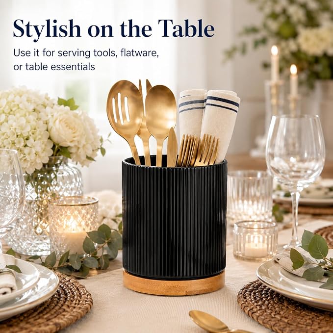 QUELIEN Utensil Holder, 360° Rotating Ceramic Kitchen Utensil Holder for Countertop, 7.7" Utensil Crock for Kitchen Counter with Rotatable Wooden Base,Ideal Housewarming Gift & Mothers Day Gift