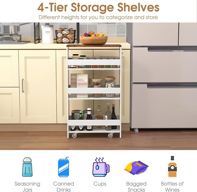 Giantex 4 Tier Rolling Slim Storage Cart, 8" Narrow Slide Out Kitchen Cart w/Handle & Open Shelves, Space-Saving Compact Mobile Utility Trolley for Small Space Laundry Room (White & Natural)