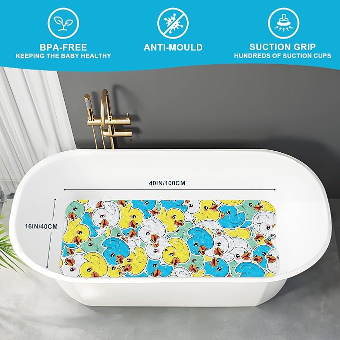 XIYUNTE Baby Bath Mat for Tub Non Slip Kids, BPA Free Extra Long Bathtub Mat 40x16 with Drain Holes and 200 Suction Cups, Non Toxic Machine Washable Toddler Bath Mat, Eco-Friendly Certified