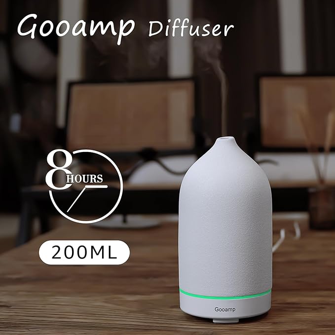 Gooamp 200ML Ceramic Essential Oil Diffuser - Ultrasonic Aromatherapy & Humidifier with 7-Color LED Lights, Auto Shut-Off, White, 1H/3H/6H Timer | Scent for Home,Office,Yoga