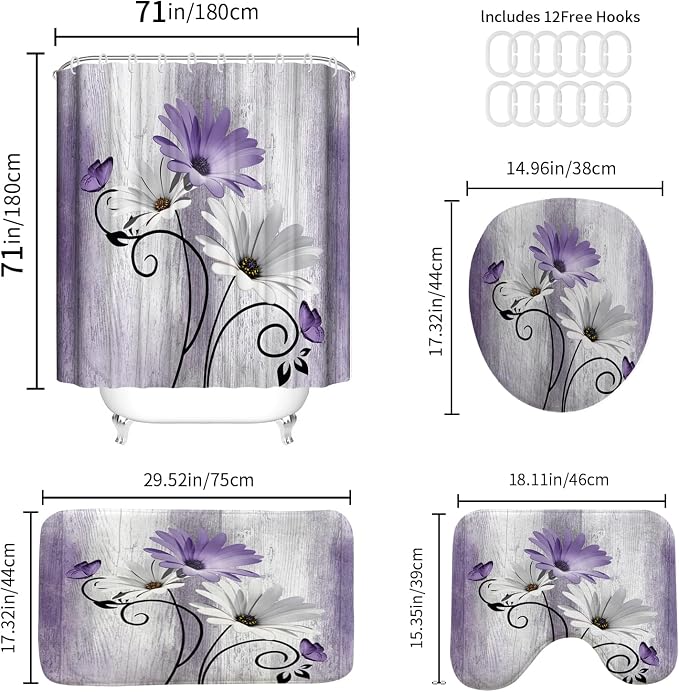 Onalasyc 4PCS Purple Daisy Flowers Plants Shower Curtain Set,Shower Curtain and Carpet and Accessories,Waterproof Bathroom Shower Curtain Decorative Set, with 12 pcs Hooks,71 x 71in