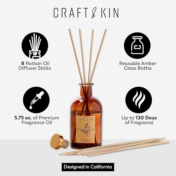 Craft & Kin Sage, Mint & Lavender Reed Diffuser – 5.75 oz Essential Oil Diffuser for Home & Bathroom – Up to 120-Day Fragrance with 8 Rattan Scent Sticks – Amber Glass Room Decor