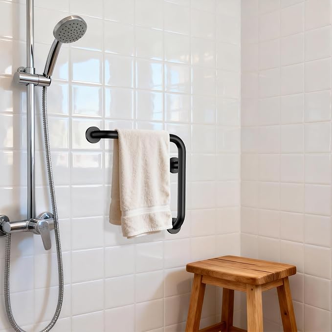 16 Inch Angled Grab Bar, iHansee L-Shaped Shower Grab Bar w/16 Inch Straight Bathroom Balance Bar, Stainless Steel Safety Handle for Seniors Elderly Injury Handicap, Matte Black