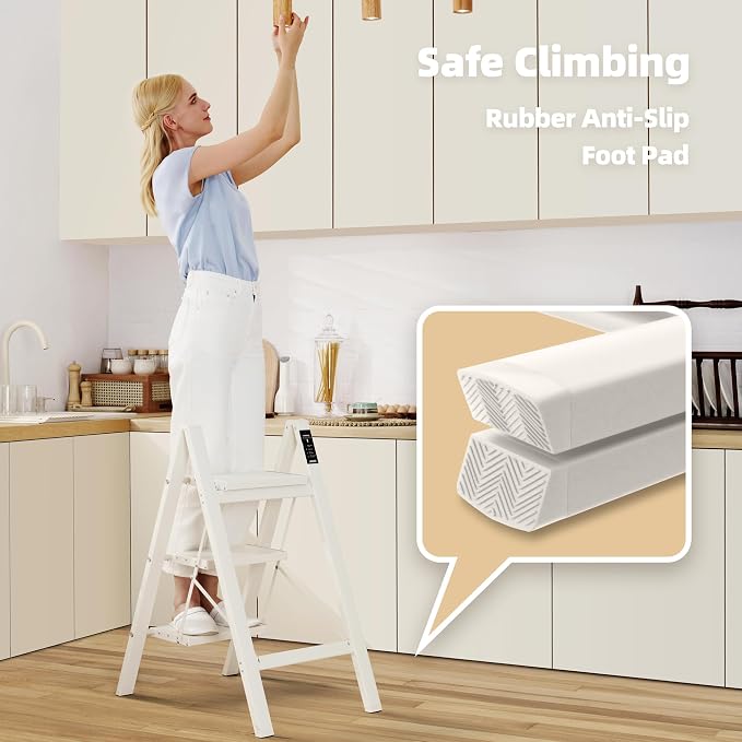 HillhutApex 3 Step Ladder, Lightweight Portable 3 Step Stool with Anti-Slip Wide Pedal, 330lbs Capacity Aluminum Ladder for Household,Office,Kitchen(White)