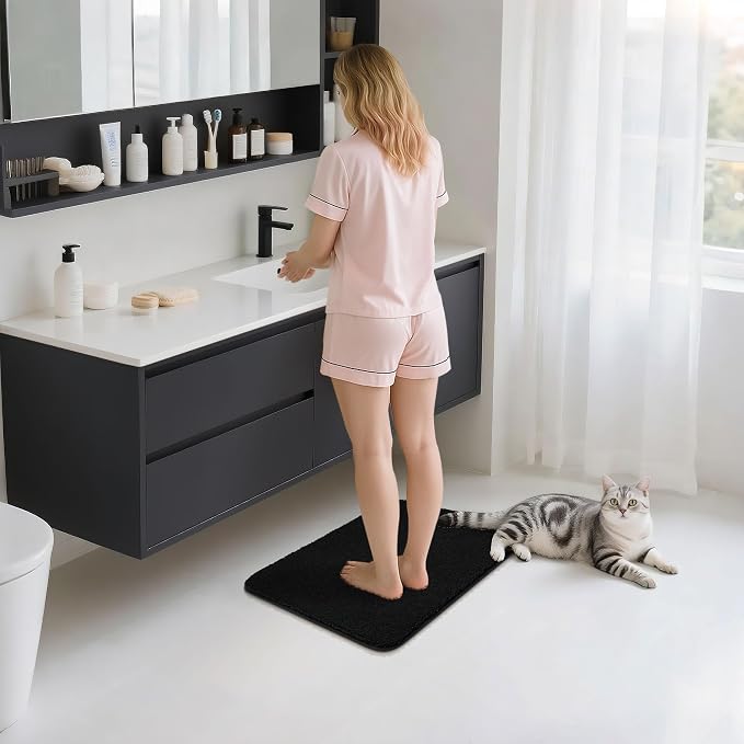 COSY HOMEER Bathroom Rugs Mat 16”x24” Absorbent Non-Slip Bath Mat Plush Shaggy Machine Washable Bath Rugs Soft Polyester Bath Mats for Bathroom Floor,Tub and Shower,Black