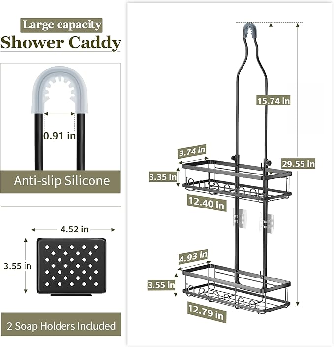 Skyapex Shower Caddy Hanging Over Shower Head, Adjustable Black Bathroom Organizer for Inside Shower, Rust-Resistant Stainless Steel Caddy with 2 Baskets, Hooks & Soap Dish for Tall Bottles