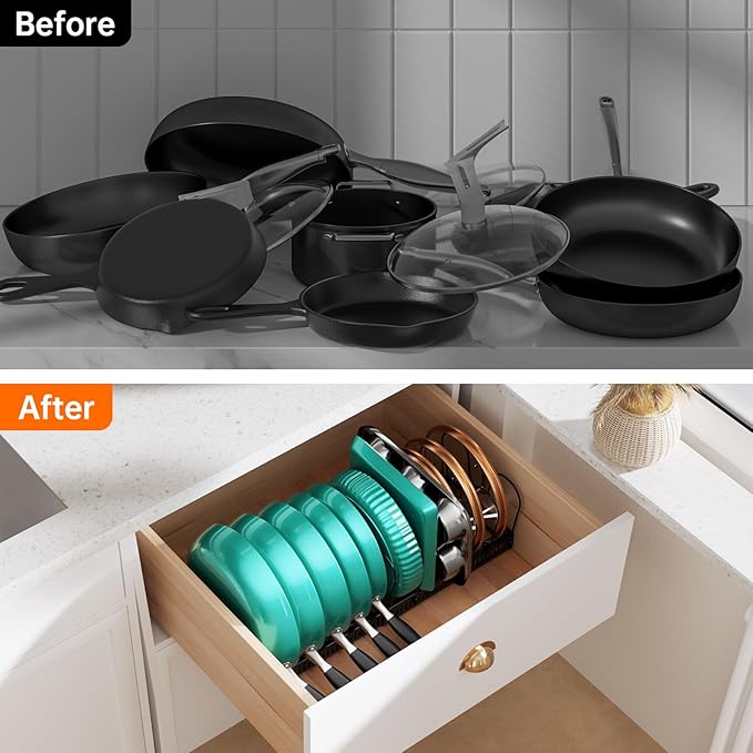 MUDEELA Pot and Pan Organizer Rack for under Cabinet, Expandable 11.81''-22.85'' Pot Lid Kitchen Cabinet Organizer Holder with 12 Adjustable Compartment Cutting Board Organizer for Pan Lid, Bakeware