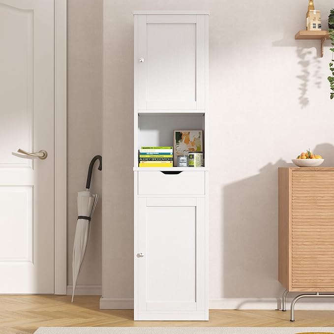 Vongrasig Tall Bathroom Storage Cabinet, 64”H Narrow Storage Unit for Small Spaces, Freestanding Modern Cabinet with Adjustable Shelves for Bathroom, Living Room, Kitchen, White