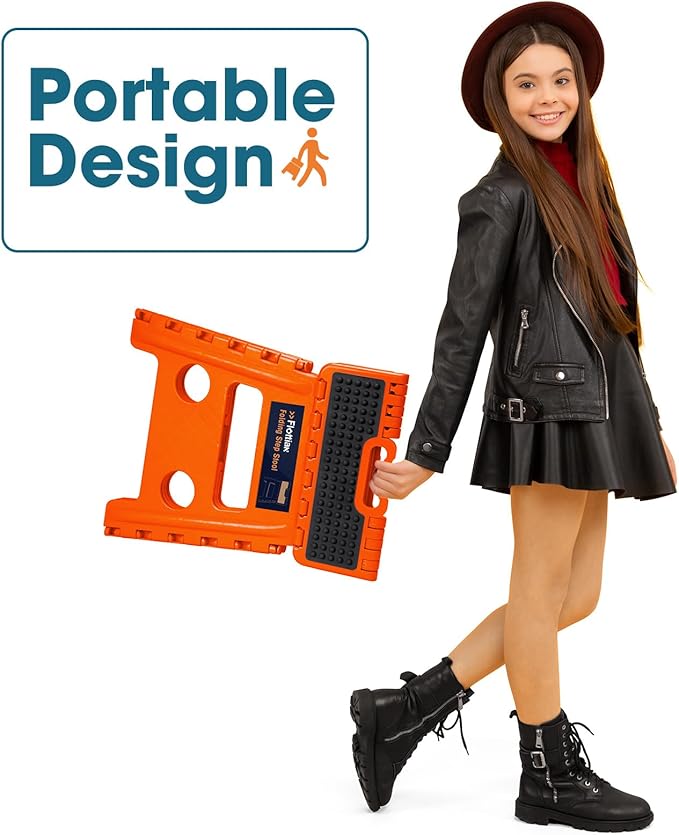 Flottian 13" Folding Step Stool for Adults and Kids Holds Up to 300 lbs,Non-Slip Folding Stools with Handle, Compact Plastic Foldable Step Stool for Bathroom,Bedroom, Kitchen,Orange-Red,1PC