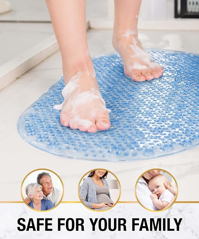 HITSLAM Oval Bathtub Mat Non Slip, 27x15 Inch Bubble Bath Tub Mat for Bathroom, Machine Washable Shower Mat with Suction Cups and Drain Holes, Blue