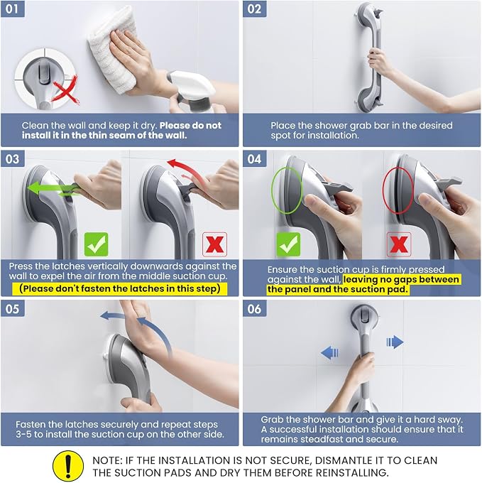 Grab Bars for Bathtubs and Showers 2 Pack Shower Handle, Heavy Duty Suction Grab Bar Bath Handrails for Seniors and Elderly, Bathroom Safety Grip No Drilling Waterproof Removable, Silver