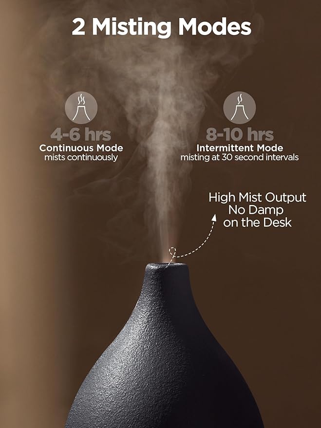InnoGear Oil Diffuser, 150ML Ceramic Diffuser for Essential Oils Handcrafted Aromatherapy Diffuser Mother's Gift Ultrasonic Cool Mist Humidifier with 2 Mist Modes Waterless Auto Off for Home, Black