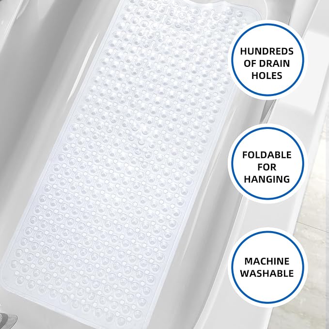 MOONFLY Shower and Bathtub Mat,40x16 Inches,Extra Long Non Slip Mats with Suction Cups and Drain Holes, Machine Washable and Anti Slip Bathmats, Bathroom Mats for Tub Nonslip (Clear)