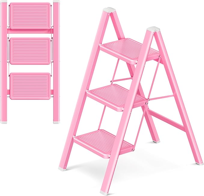 Pink Step Ladder 3 Step Folding, Small Step Stool for Women to Reach Higher Places, Widen 7.9Inch Pedal for Comfortable Use, Anti-Slip Foot for Safe Use, Sturdy and Fold Thin, 330Lbs Load
