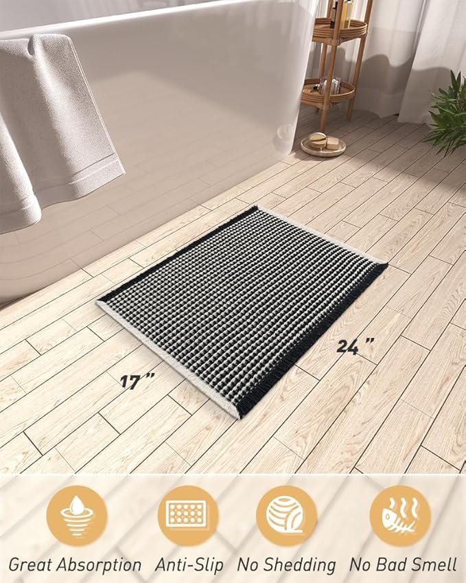 AMOAMI Upgraded Waffle Bath Mat, Super Absorbent Non Slip Bath Mats for Bathroom Floor, Washable Bathroom Rugs with Tassels, Rubber Backed Bathroom Mats, Ultra Soft, 17" x 24", Black & Cream