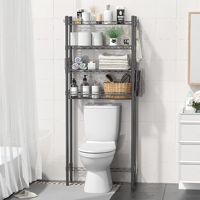 Hodonas 4-Tier Over The Toilet Storage, Adjustable Over Toilet Bathroom Organizer Rack, Freestanding Bathroom Shelves Above Toilet Storage, Sturdy Bathroom Space Saver with Basket and Shelves, Gray