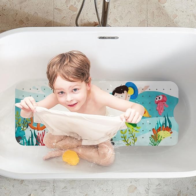 Baby Bath Mat for Tub Non Slip Kids Bathtub Mat Extra Long 40X16 Inch Toddler Bath Tub Shower Mat Anti Slip with Suction Cups & Drain Holes, Machine Washable,Seaworld