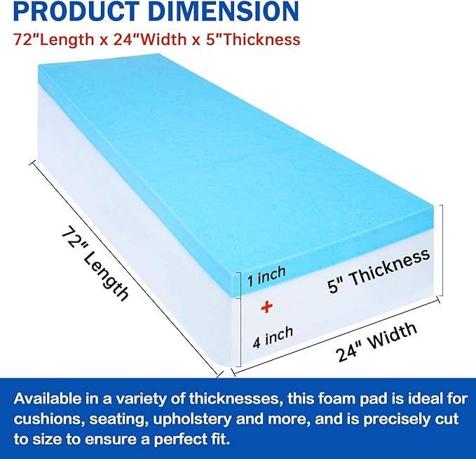 High Density Upholstery Foam Cushion - 5" Thick x 24" x 72", Gel Memory Foam Support Padding for Seat Cushion Replacement, DIY Projects, Sofa Mattress Support