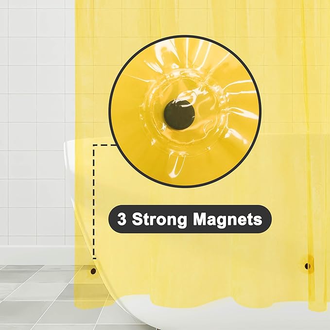 Barossa Design Clear Yellow Shower Curtain Liner - Premium PEVA Shower Liner with 3 Magnets & Metal Grommets, Waterproof Lightweight Standard Size Curtains for Bathroom - Translucent Yellow