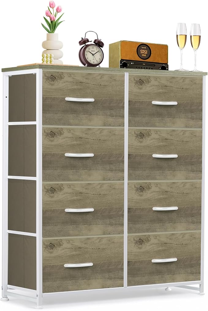 8-Drawer Dresser for Bedroom, Anti-Tip Tall Storage Organizer Chest of Drawers with Wooden Top and Metal Frame Fabric Bins for Closet, Living Room, Hallway, Entryway, Greige Oak