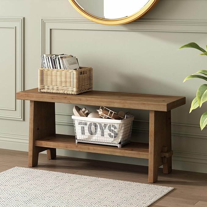 HOKYHOKY Solid Wood Entryway Bench - 39.4" Farmhouse Long Storage Bench, Rustic Narrow Bench Seat for Indoor, Entryway, Dining Room, Living Room and Hallway, Brown