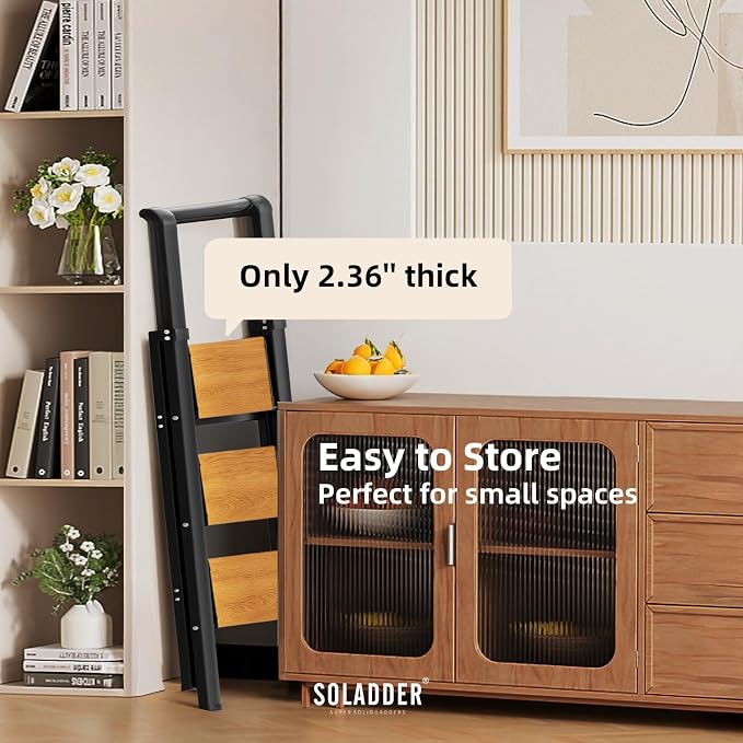 SOLADDER 3 Step Ladder with Handrails, Anti-Slip and Foldable Step Stool with Widen Pedals, Portable Stepladders for Home, Kitchen and Indoor, Space Saving -300lbs(Black+Woodgrain)