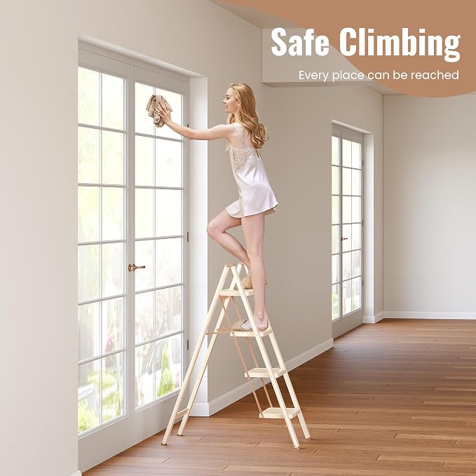 4 Step Ladder, 4 Step Stool for Adults, Folding Step Ladder with Secure Footing, Widened Pedal, Aesthetically Pleasing Looking, Blends Right into Domestic Rooms, Cream Chocolate