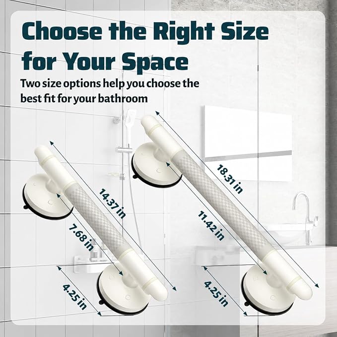 Suction Grab Bars for Showers and Bathtubs, Visible Red-Line Suction Indicator, Vacuum Pump Lock, Supports Up to 264 lbs, Non-Slip Grip, No-Drill & Removable, Ideal for Seniors, 14.37''/1-Pack